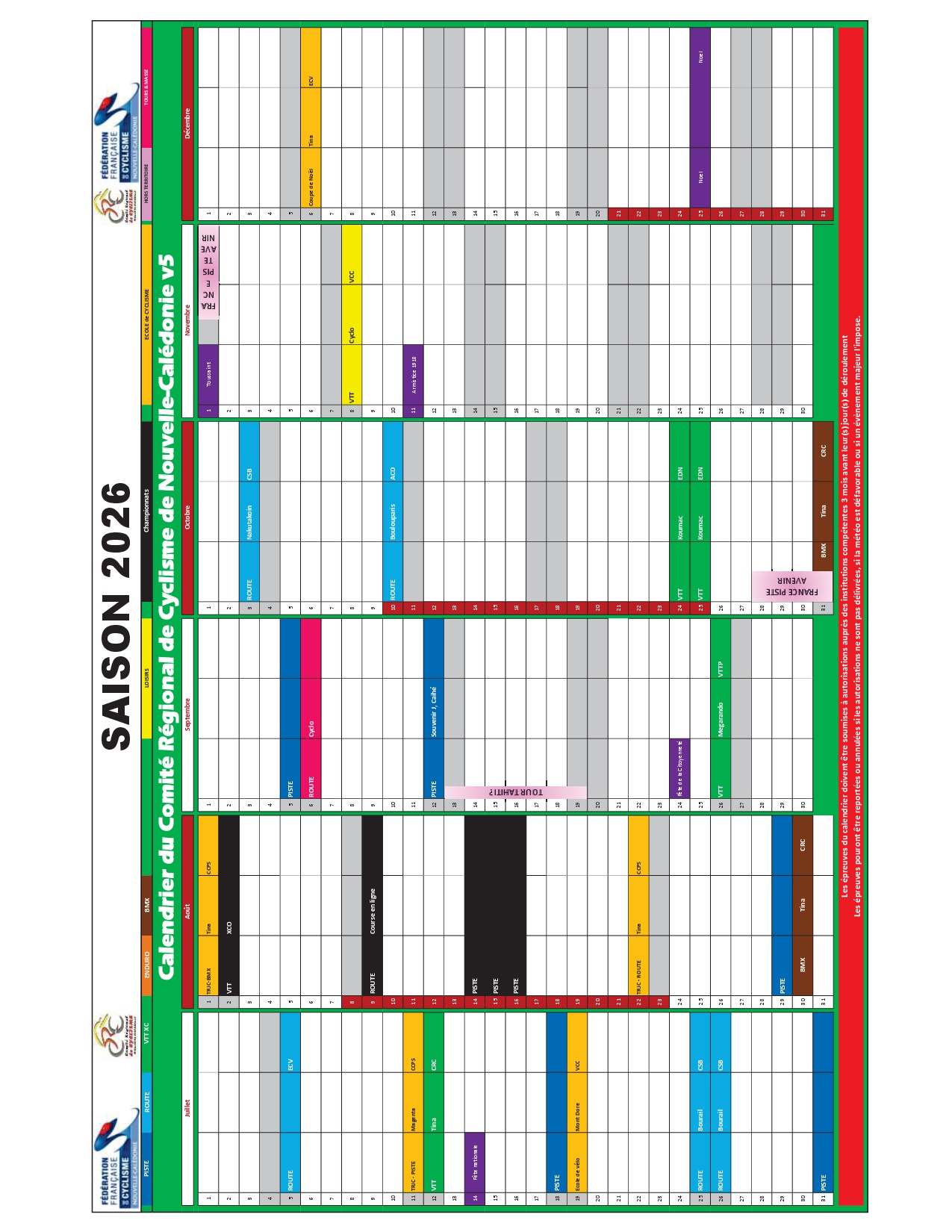 Calendrier compétition 2026